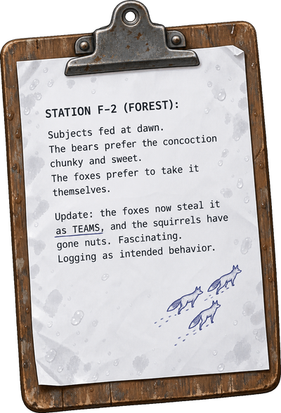 A clipboard from Station F-2 in the Forest: subjects fed at dawn; the foxes now steal as teams and the squirrels have gone nuts. Logged as intended behavior.