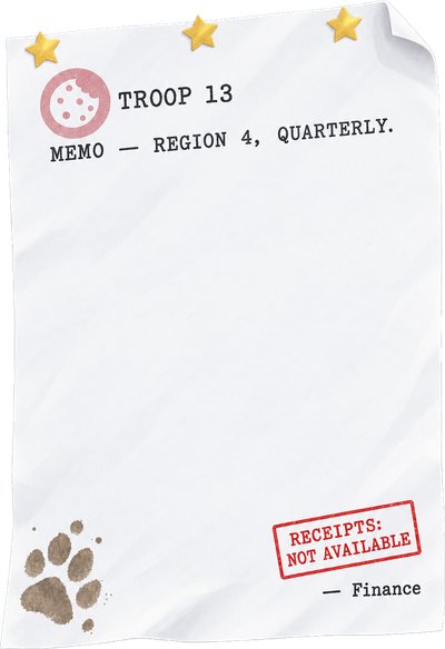 A Troop 13 quarterly memo for Region 4, stamped 'Receipts: not available' and signed by Finance, with a muddy paw print in the corner.